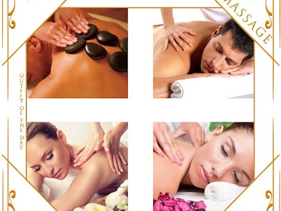 Picture of 4 part collage of massage. Hot Stone Massage, Deep Tissue on man's back, Shoulder massage, neck massage